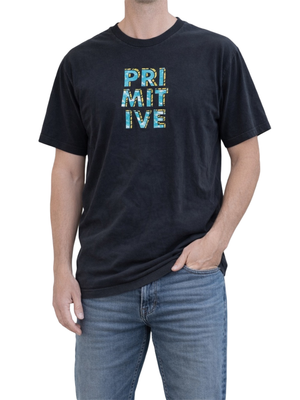 Primitive Black Tee with Blue and Yellow Block Logo